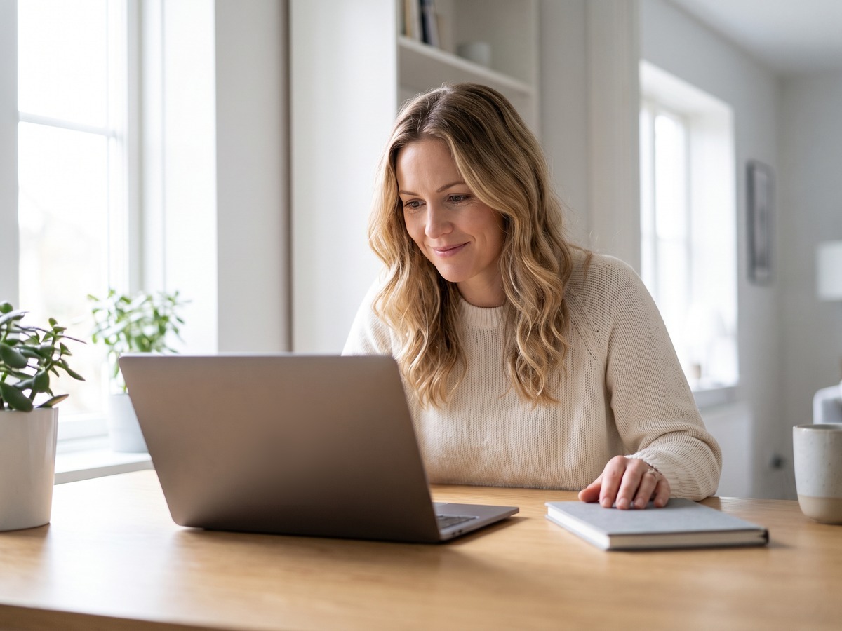 Woman in her mid-thirties during an online sterilisation consultation on her laptop